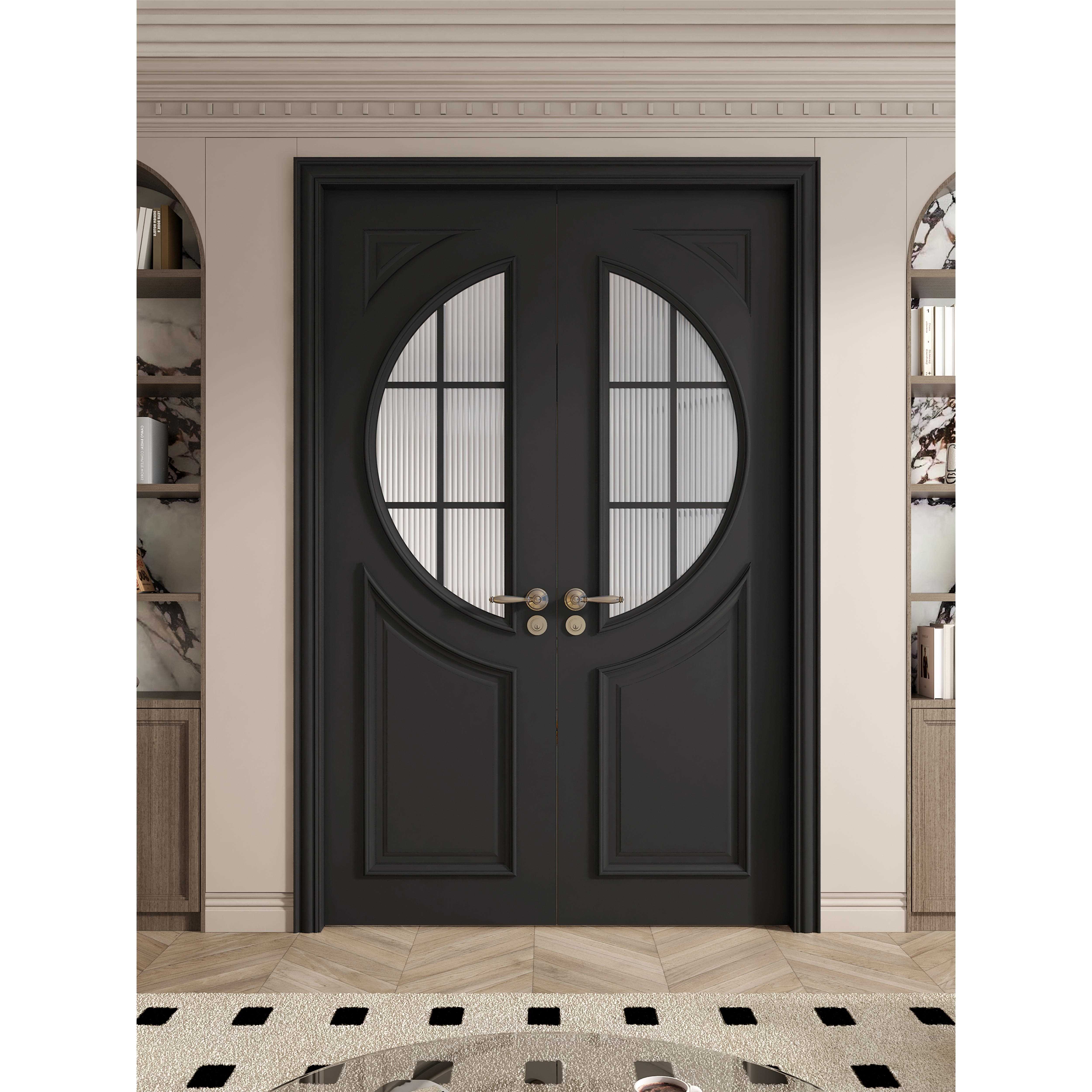 木以森居实木覆合烤漆门法式卧室房间对开入户书房双开门黑色弧形