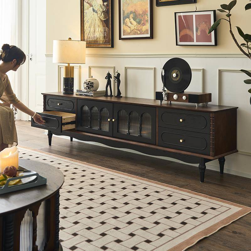 法式覆古实木电视柜茶几组合小户型客厅家用电视柜落地储物柜