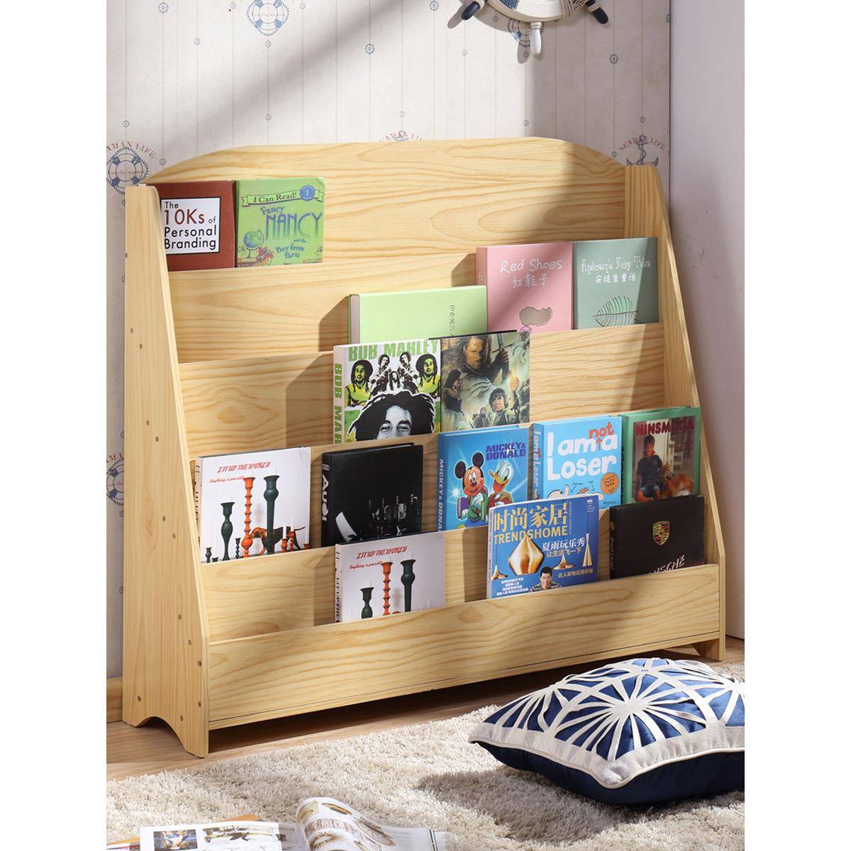 儿童书架绘本架简易书报架学生幼儿园图书柜展示架收纳柜白原木色