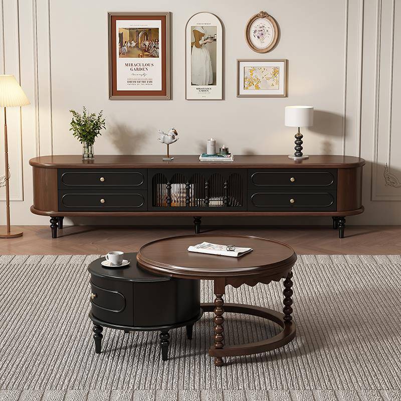 胡黑色法式覆古纯实木电视柜美式客厅茶几电视机柜组合落地收纳柜