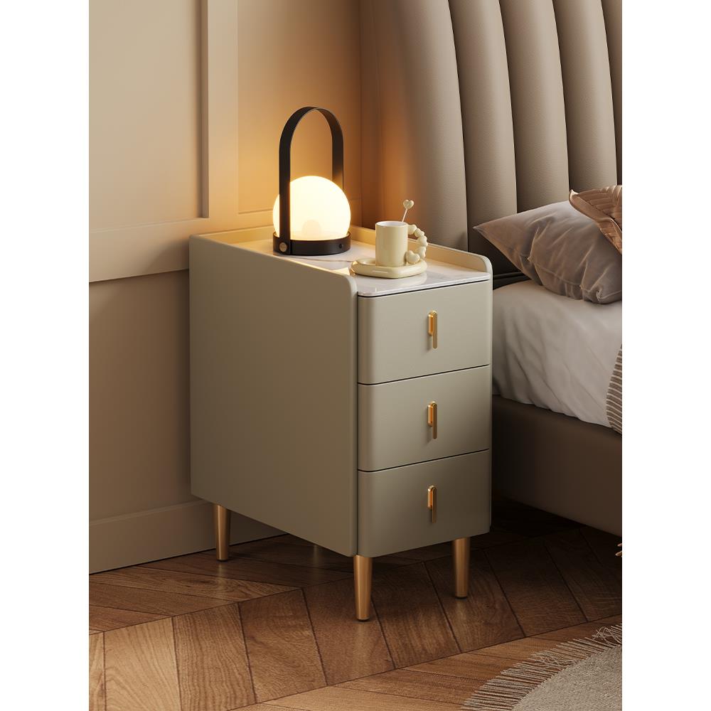 超窄小型实木床头柜简约现代家用卧室小户型智能岩板三抽屉床边柜