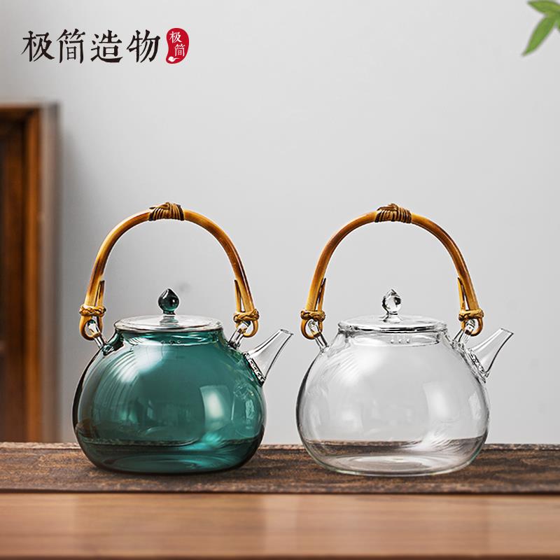 手作兰亭大容量提梁壶高硼硅玻璃烧水壶茶水分离黑晶炉煮泡茶壶