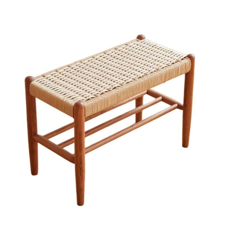 北欧实木换鞋凳绳编藤编日式简约床尾凳长条凳放鞋凳樱桃木玄关凳