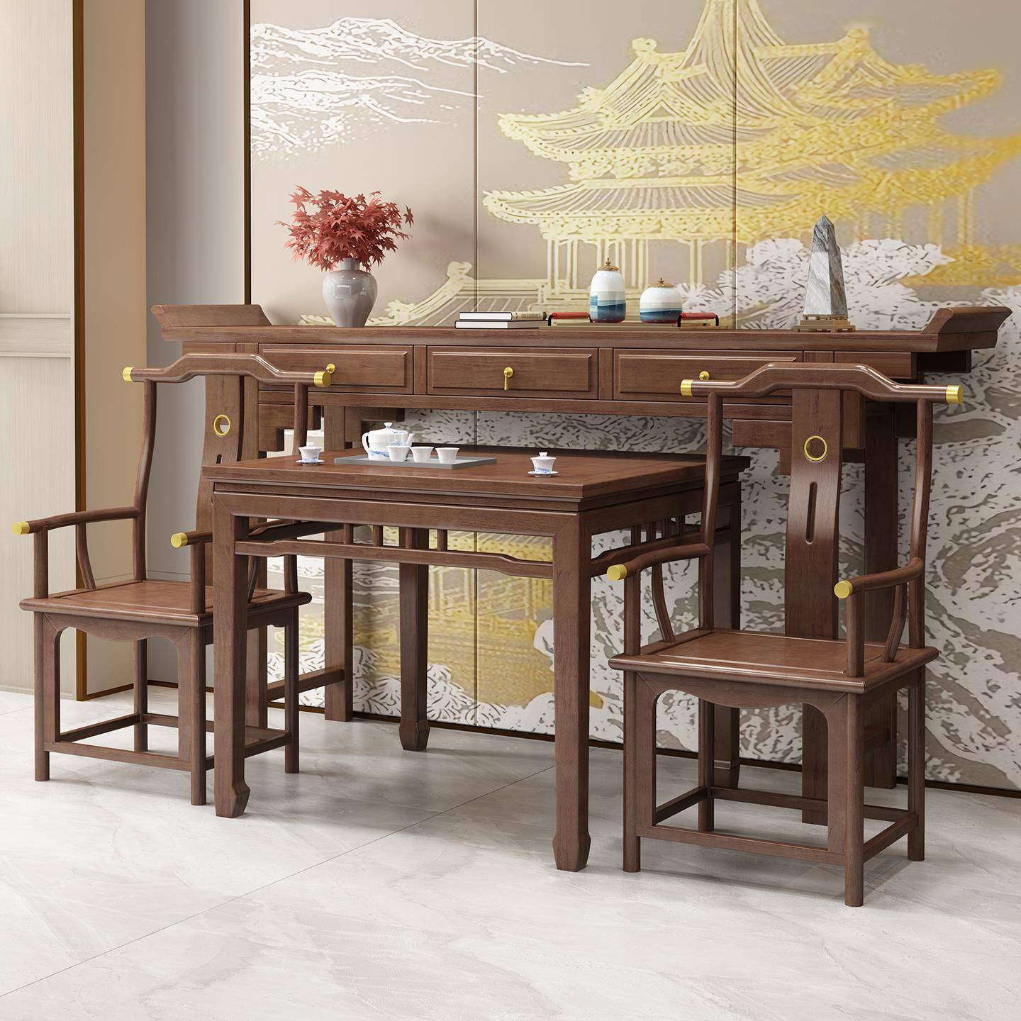 实木中堂六件套农村堂屋新中式条案供桌八仙桌四件套太师椅组合