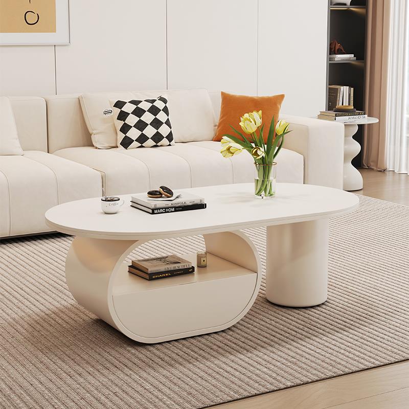 奶油风岩板茶几小户型椭圆形极简客厅家用现代带抽屉可储物电视柜