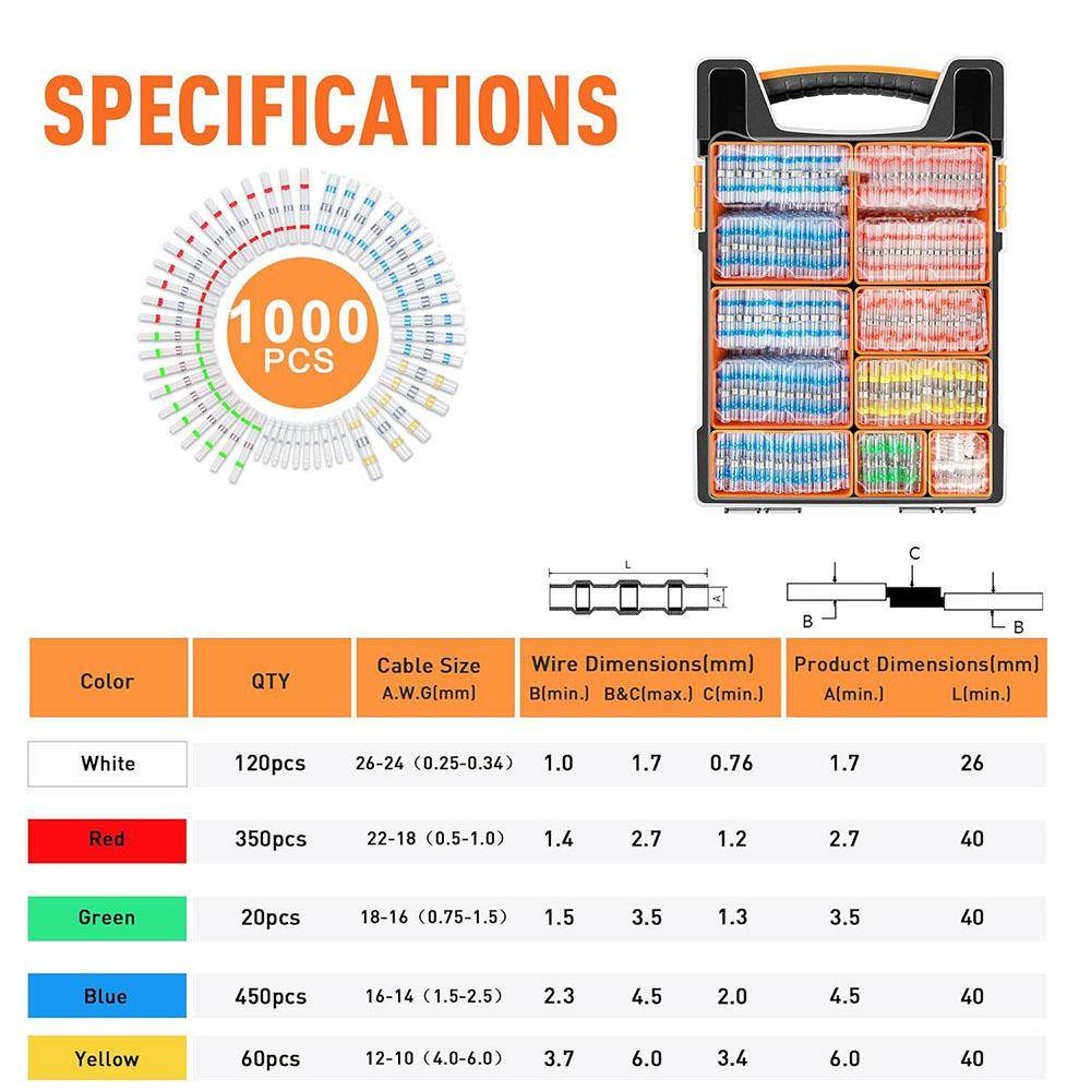 【折扣价】跨境1000PCS盒装26-10AWG焊锡环密封热缩接线端子防水