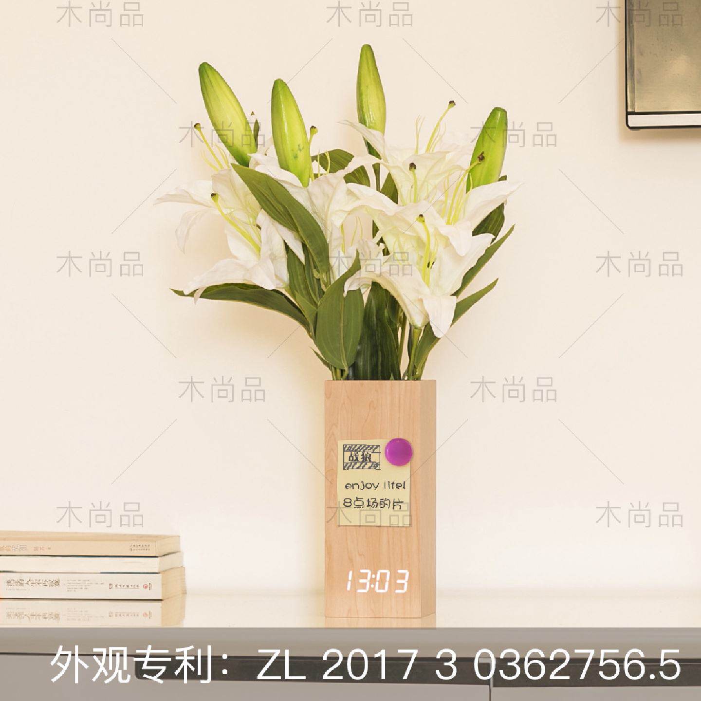 创意家居LED多功能数字花瓶闹钟木质插花装饰笔筒花瓶木头钟