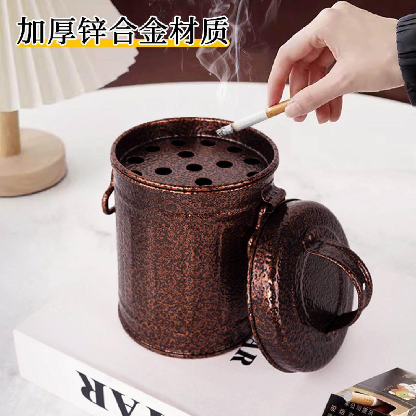 源头工厂 镀锌铁水桶型烟灰缸桌面复古金属烟灰缸出口小桶带盖