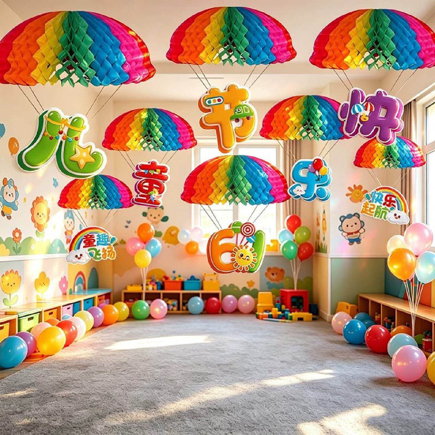 幼儿园61六一儿童节降落伞拉旗装饰场景布置小学教室氛围挂饰道具