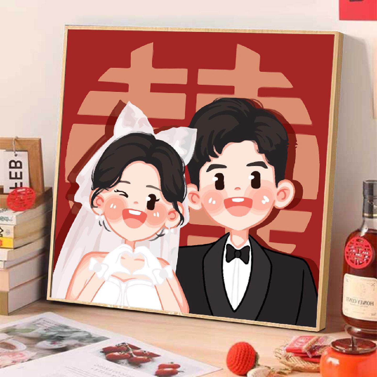 新婚结婚礼物定制数字油画diy填充色手工绘卡通婚纱照丙烯装饰画