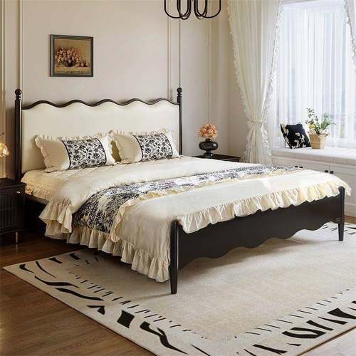 1.5实木床1米8简约现代双人黑色美式轻奢主卧婚床法式复古风