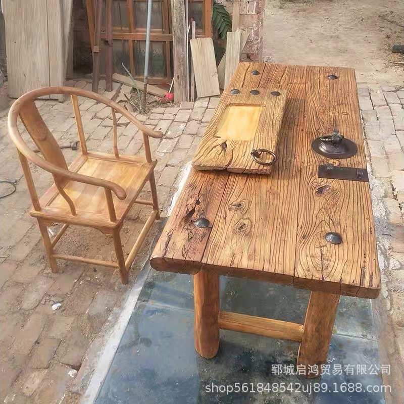 老榆木茶桌组合复古餐桌实木中式椅子旧木板长条凳禅意风化门板