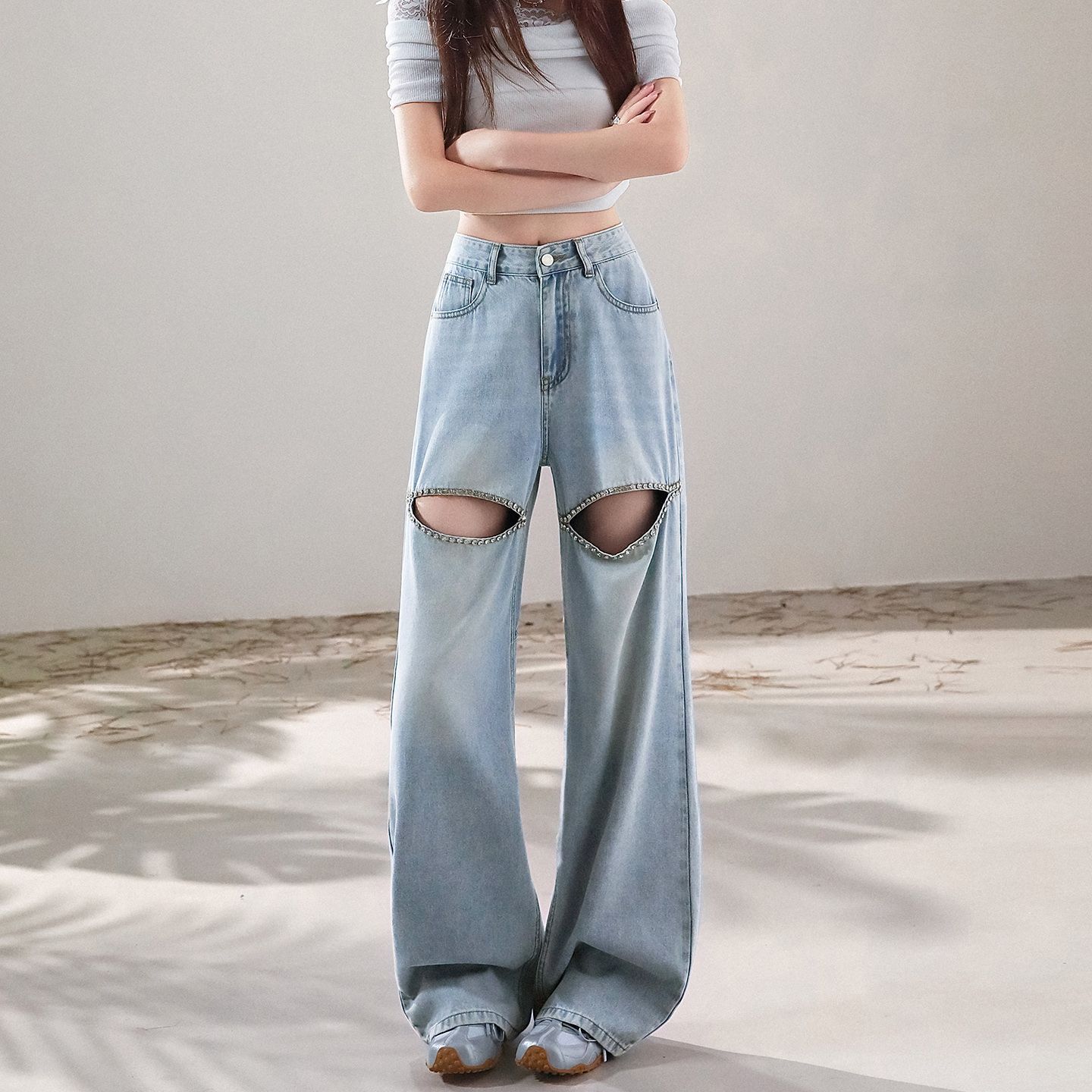 夏季镶钻高腰阔腿拖地牛仔裤女