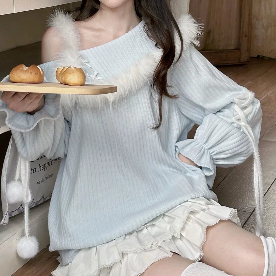 啦雪愿秋冬慵懒露肩女针织衫