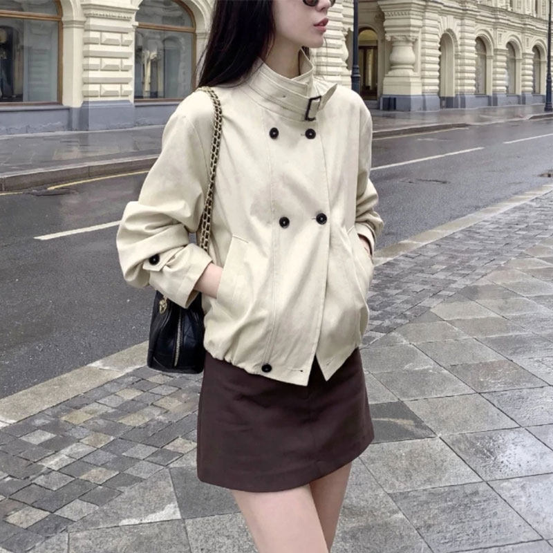 春秋新品立领双排扣短款风衣女