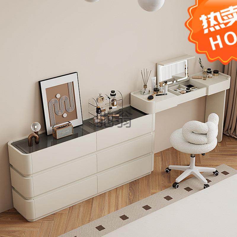 ir卧室超薄梳妆台斗柜一体30cm极窄款翻盖伸缩奶油凤法式床尾柜