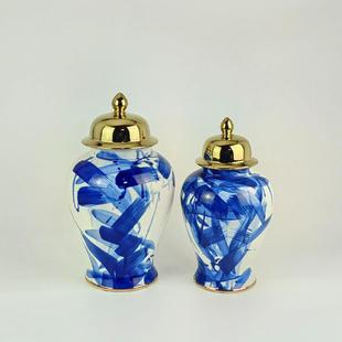 描金青花瓷将军罐家居装 饰花瓶摆件陶瓷花瓶工艺品