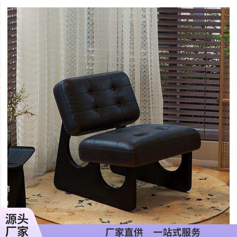 单椅沙发中古风实木单人休闲椅座椅复古油蜡皮沙发椅设计师靠背椅