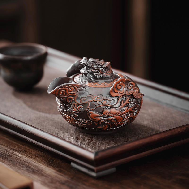 云南建水紫陶茶壶雕满单个手抓壶家用复古手工泡茶壶茶水分离茶具