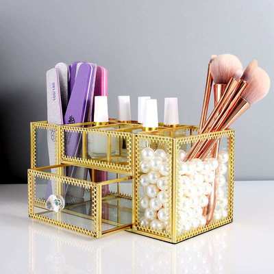 美甲师店桌面收纳盒日式工具ins笔筒刷子化妆刷收纳玻璃轻奢精致