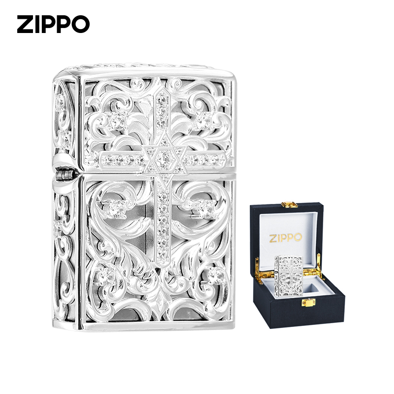 ZIPPO  心之恋 钻石镶嵌 爱情十字花 镀银  防风煤油打火机礼盒装