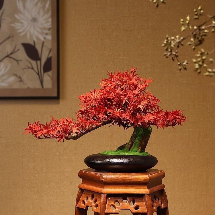 仿真玄关绿植迎客松实木摆件红枫树盆景新中式客厅博古架茶室装饰