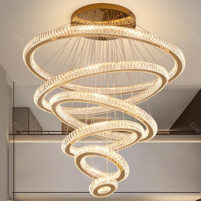 轻奢复式楼圆环大吊灯大厅水晶灯简约楼中楼梯别墅挑高客厅长吊灯