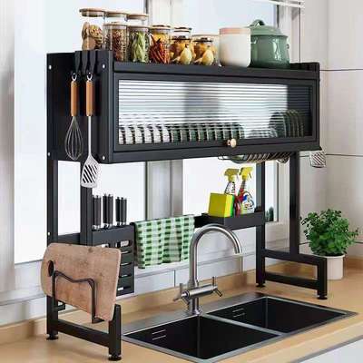 厨房水槽带盖置物架防尘带柜门碗盘调料收纳架水池控水增高沥水架