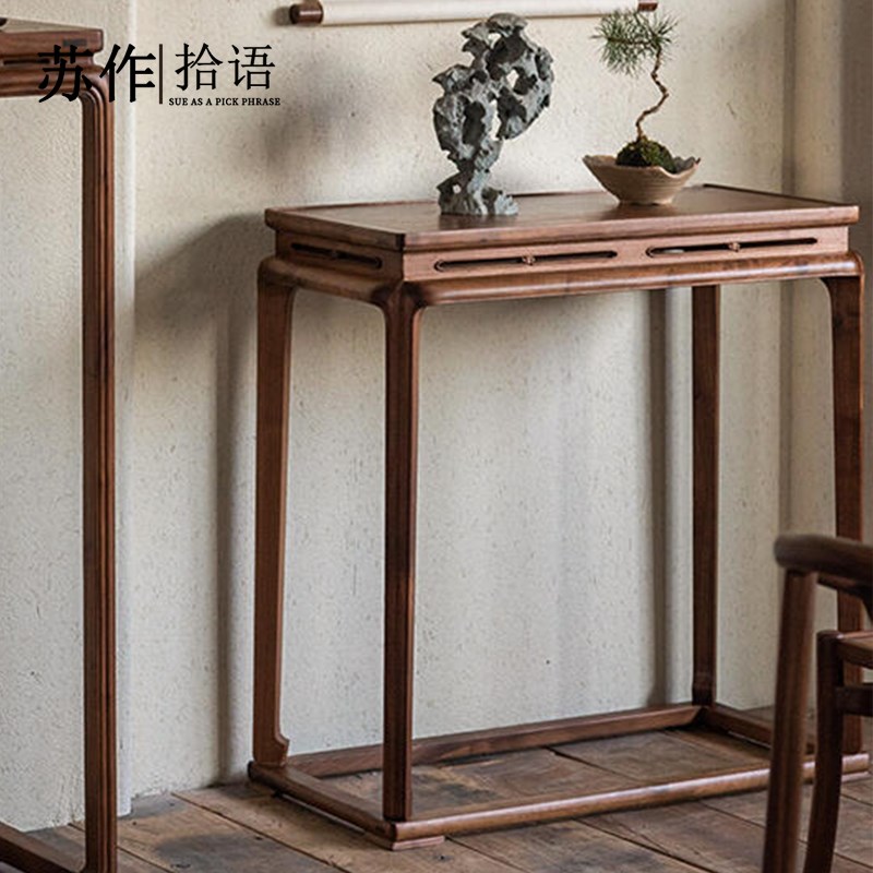 中式实木玄关桌黑胡桃木中古风玄关台入户门厅装饰台条几案台供桌