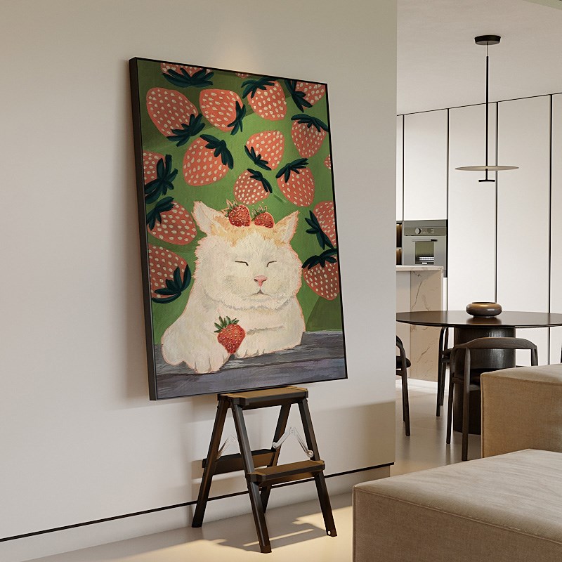 复古怀旧《草莓小猫》可爱玄关儿童房装饰画客厅沙发落地手绘油画图片