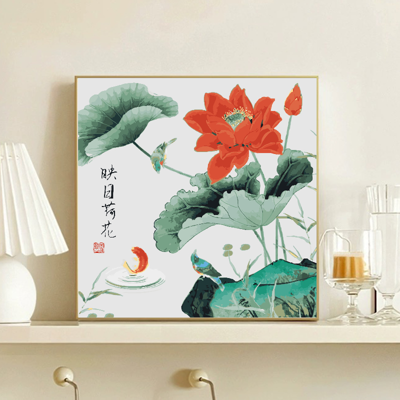 荷花九鱼图招财锦鲤数字油画diy填充涂色手工绘新中式丙烯装饰画图片