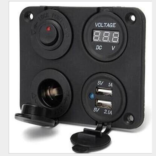 汽车游艇改装用4孔面板带小开关控制双USB+电压表+12V电源母座
