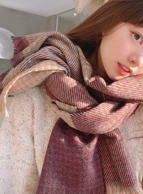 韩版复古百搭条纹格子拼色围巾女ins潮原宿长款冬天保暖女士围脖