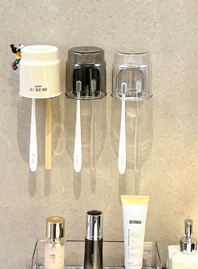 奶油风一家三口沥水电动牙刷杯子架子置物架挂墙式漱口杯牙刷架放