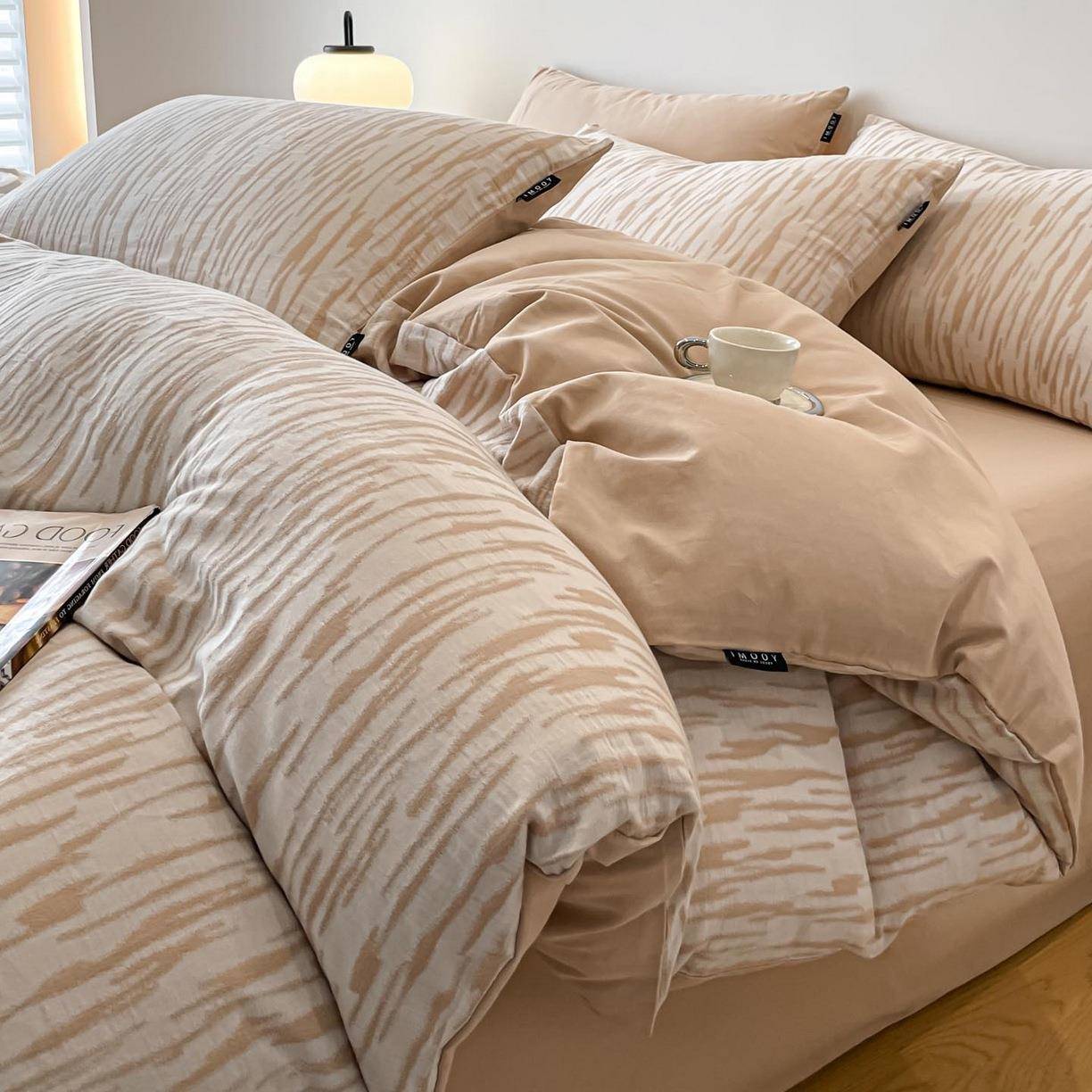 【折扣价】轻奢100棉A类全棉磨毛四件套水洗色织提花纯棉被套床笠