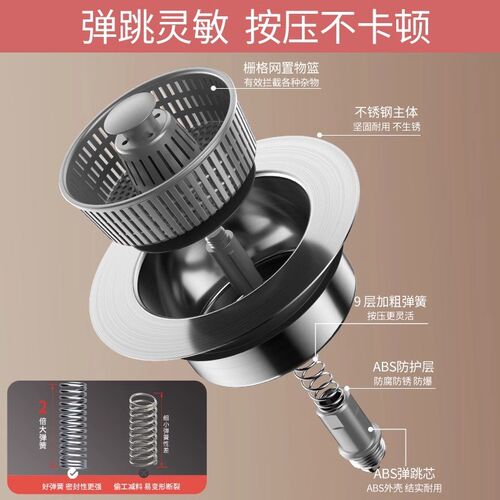 不锈钢厨房水槽弹跳芯下水器洗碗池过滤网提篮洗菜盆堵水盖漏水塞