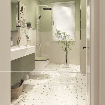 奶油风绿色水磨石600xr600卫生间瓷砖 浴室阳台厨房墙砖厕所地砖
