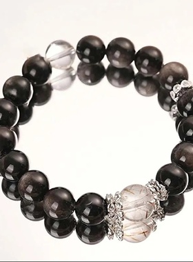 【岁岁安】天然黑金超七手链女白水晶黑曜石转运珠冰种银曜石手串