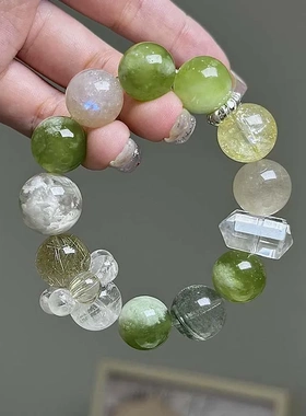 【青枝玉露】天然水晶岫玉绿幽灵金发晶雪花幽灵手串招财好运手链