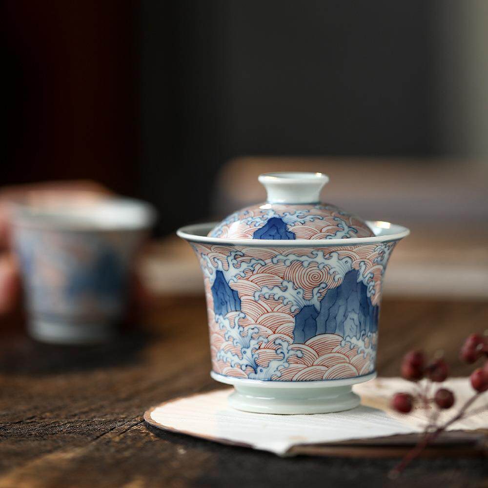 纯正柴窑青花瓷口盖碗全手工手绘泡茶碗神宗珍藏茶杯海水山石雅器