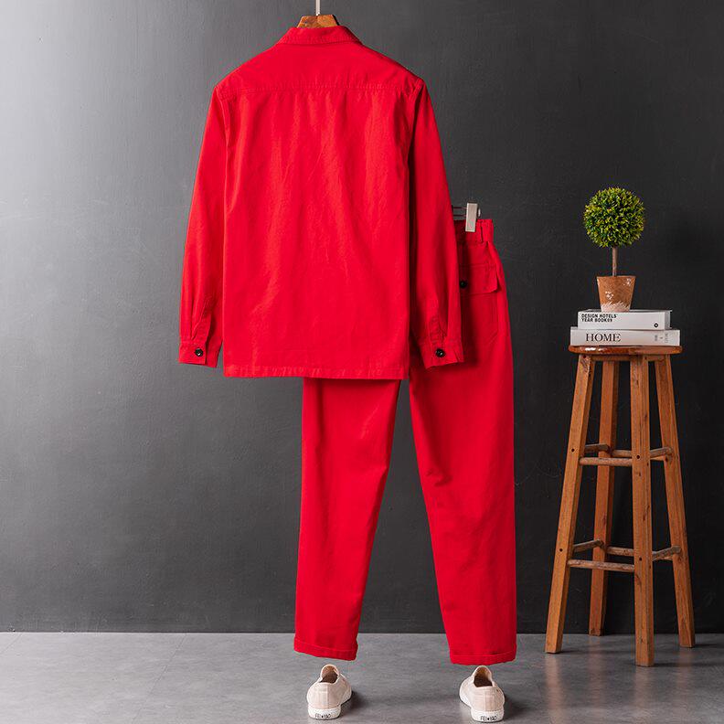 工作服套装衣红色 春秋工装连体衣捞面一体定制logo演出服服长袖