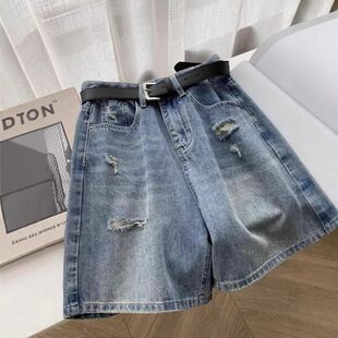 胖mm高腰遮胯a字阔腿五分裤 梨形身材破洞牛仔短裤 大码 薄款 女夏季