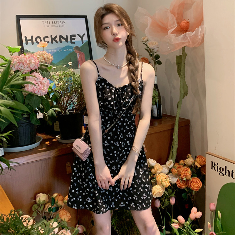 法式黑色碎花吊带洋装女