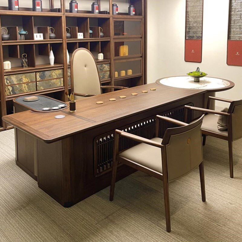 新中式北美黑胡桃木茶桌椅组x合现代高级感办公室多功能实木茶台