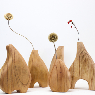新中式 饰品摆 复古禅意实木干花瓶客厅茶室餐桌插L花小花器玄关装