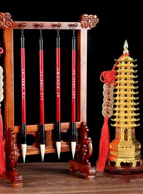 文昌毛笔4支+十三层文昌塔木y质笔架学生书桌办公摆件刻诗人布局