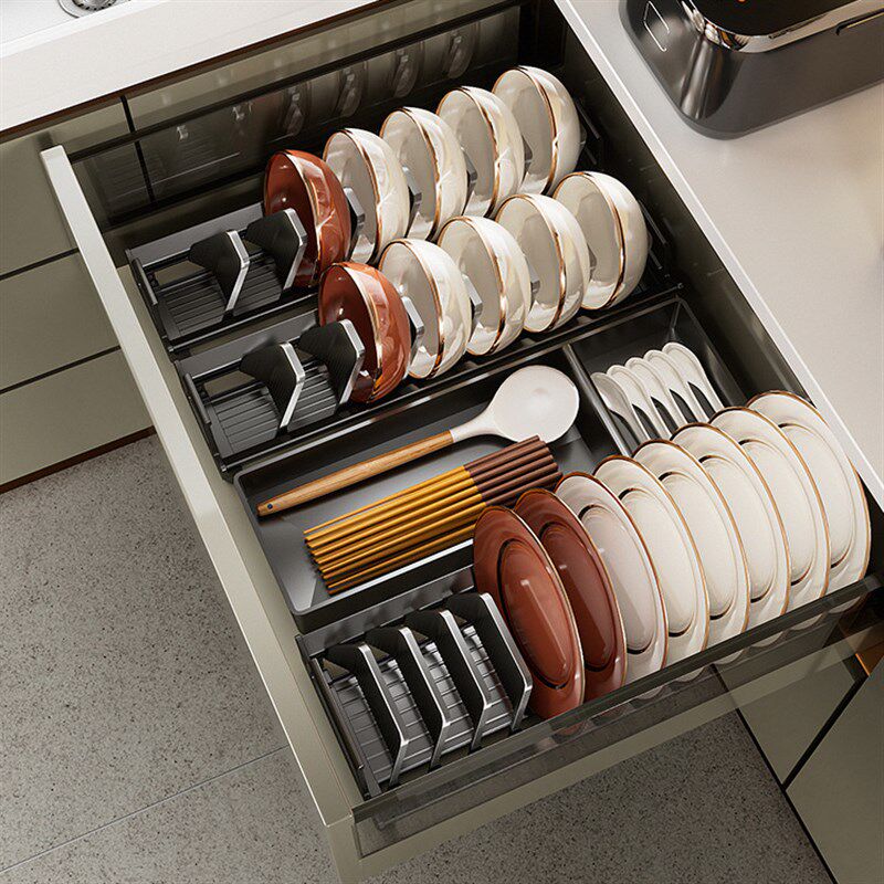【太空铝】厨房碗碟收纳架橱柜拉篮抽屉置物架放碗V盘子可调节沥