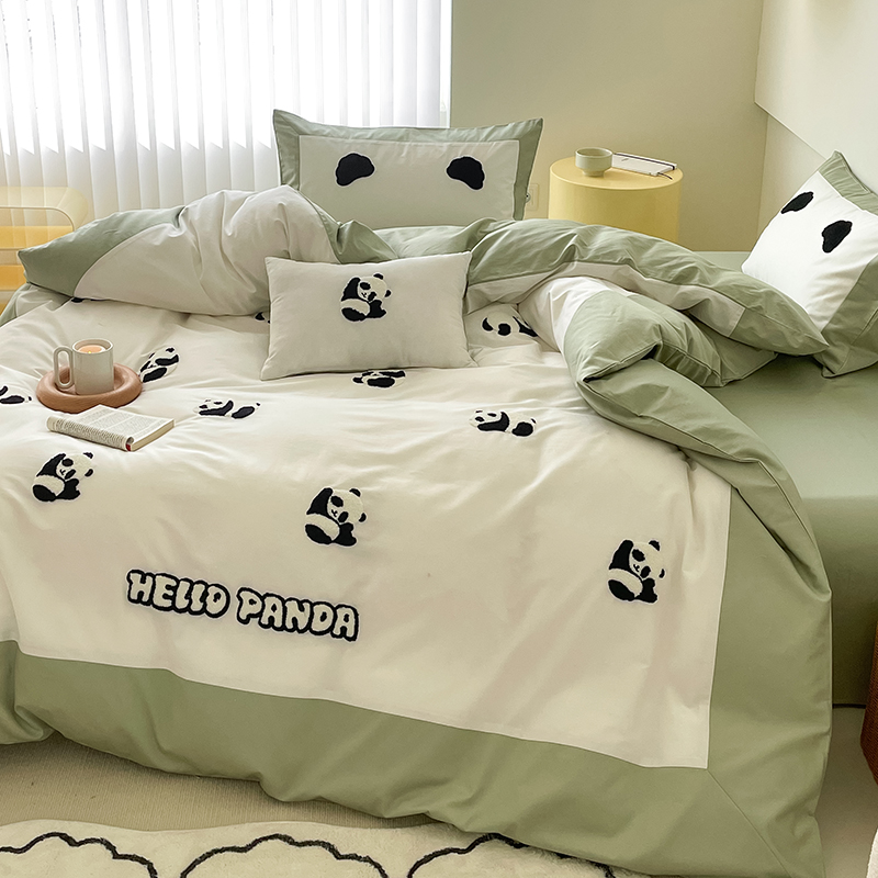 卡通风100支双股m长绒棉四件套可爱毛巾绣被套全棉床上用品1.8