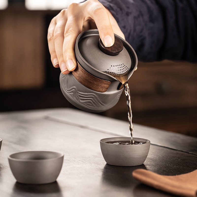 便携式紫砂旅行茶具套装室外露营一壶三杯陶瓷茶杯随身泡茶收纳包