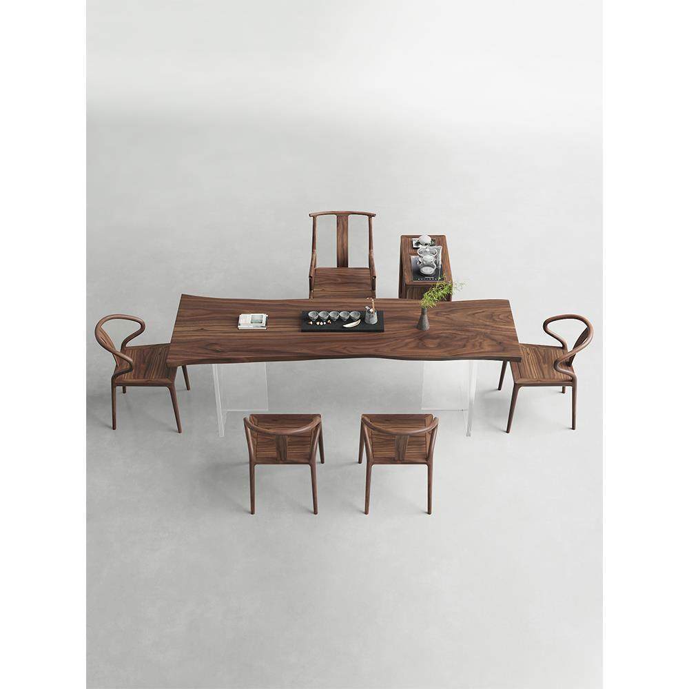 北美黑胡桃木茶桌椅组合现代简约实木茶台原木大板桌自然边泡茶桌